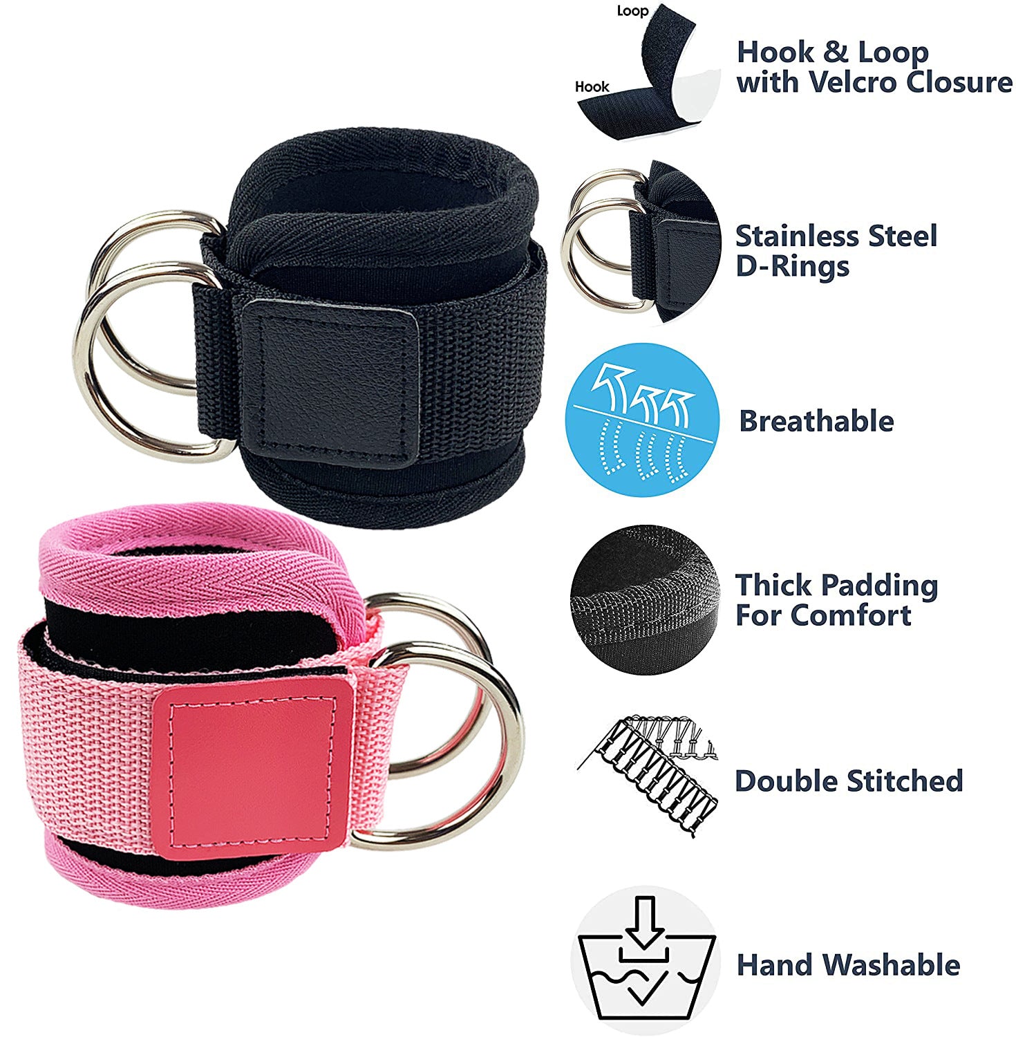 d-ring fitness ankle strap for hip stretching, leg pull and strength training cable machine attachment