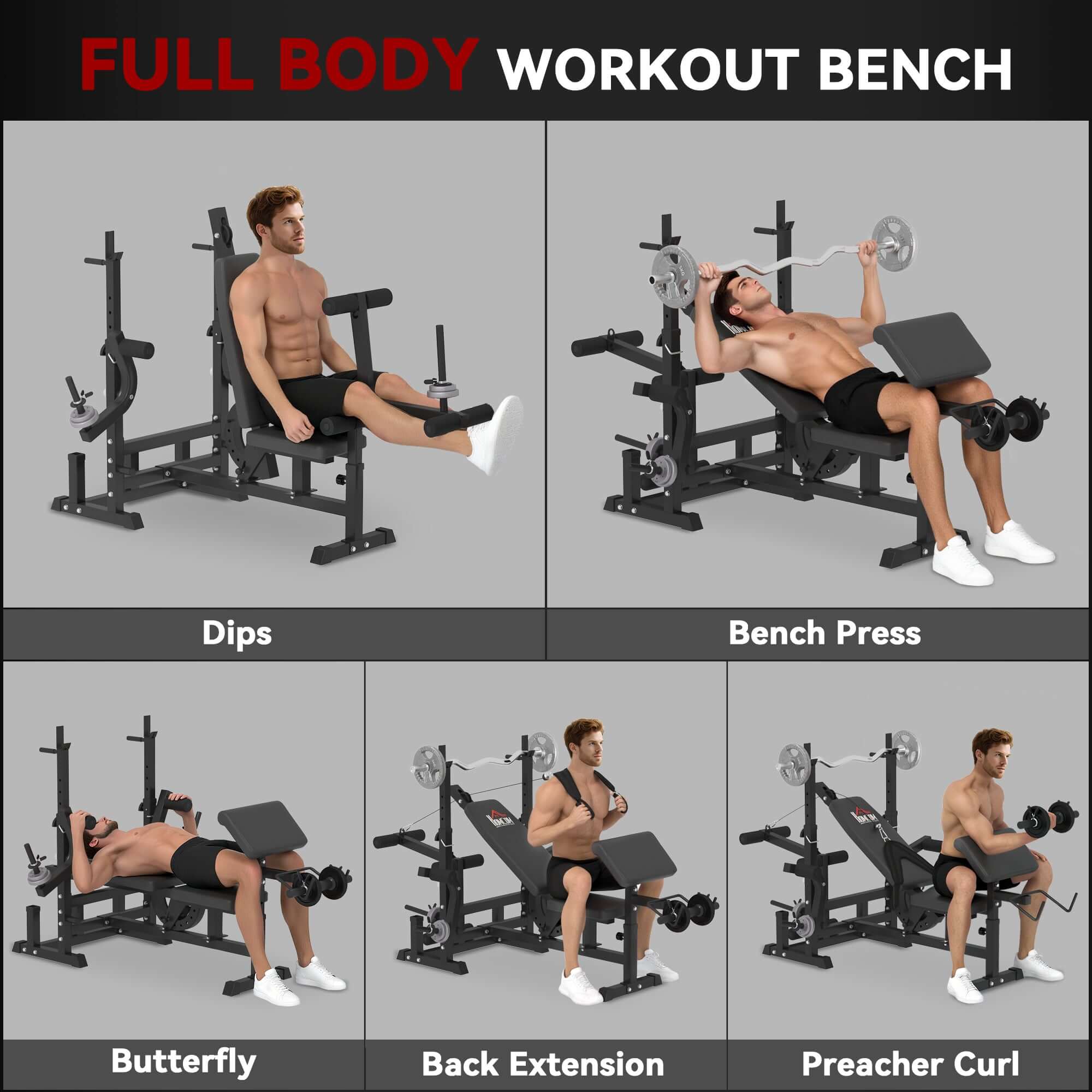 6 in 1 adjustable weight bench with leg extension, barbell rack, preacher curl pad and resistance band for home gym strength training