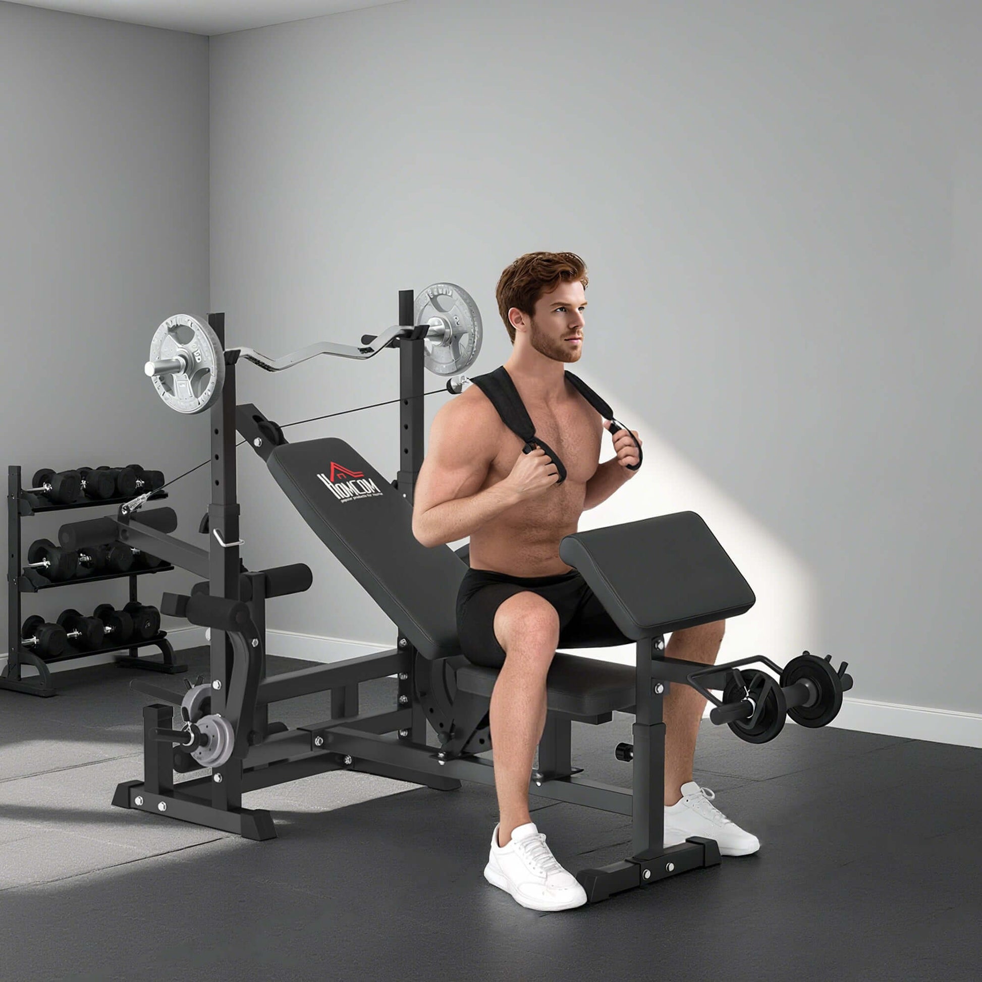 6 in 1 adjustable weight bench with leg extension, barbell rack, preacher curl pad and resistance band for home gym strength training