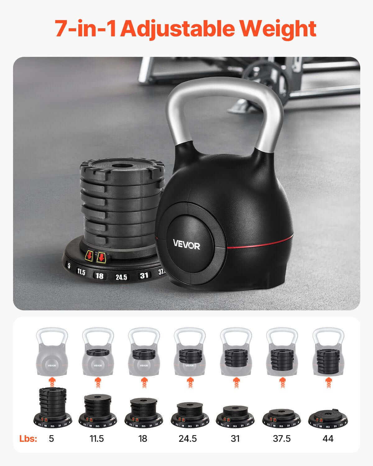 adjustable kettlebell with 7 weight levels up to 44 lbs for grip strength training, full-body workout and cross-training