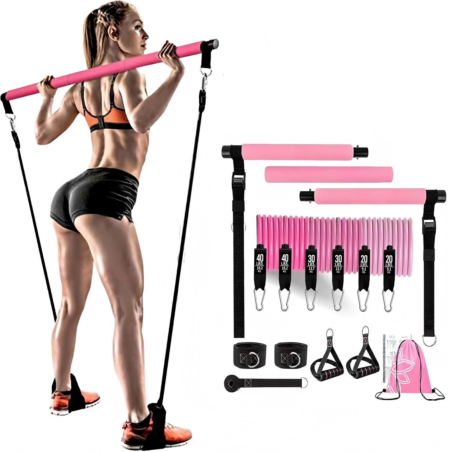 pilates bar kit with 6 resistance bands for home gym fitness training full body stretching and toning workout set