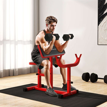 265 lbs adjustable preacher curl bench for bicep strength training with barbell and dumbbell arm isolation station in red