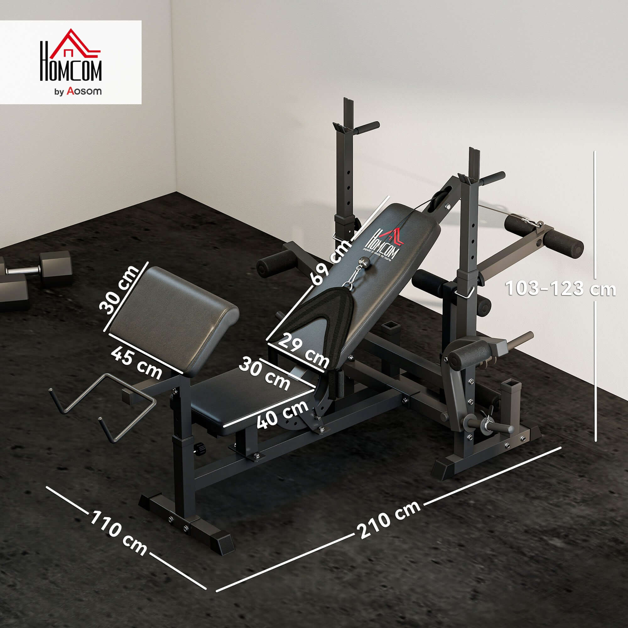 6 in 1 adjustable weight bench with leg extension, barbell rack, preacher curl pad and resistance band for home gym strength training