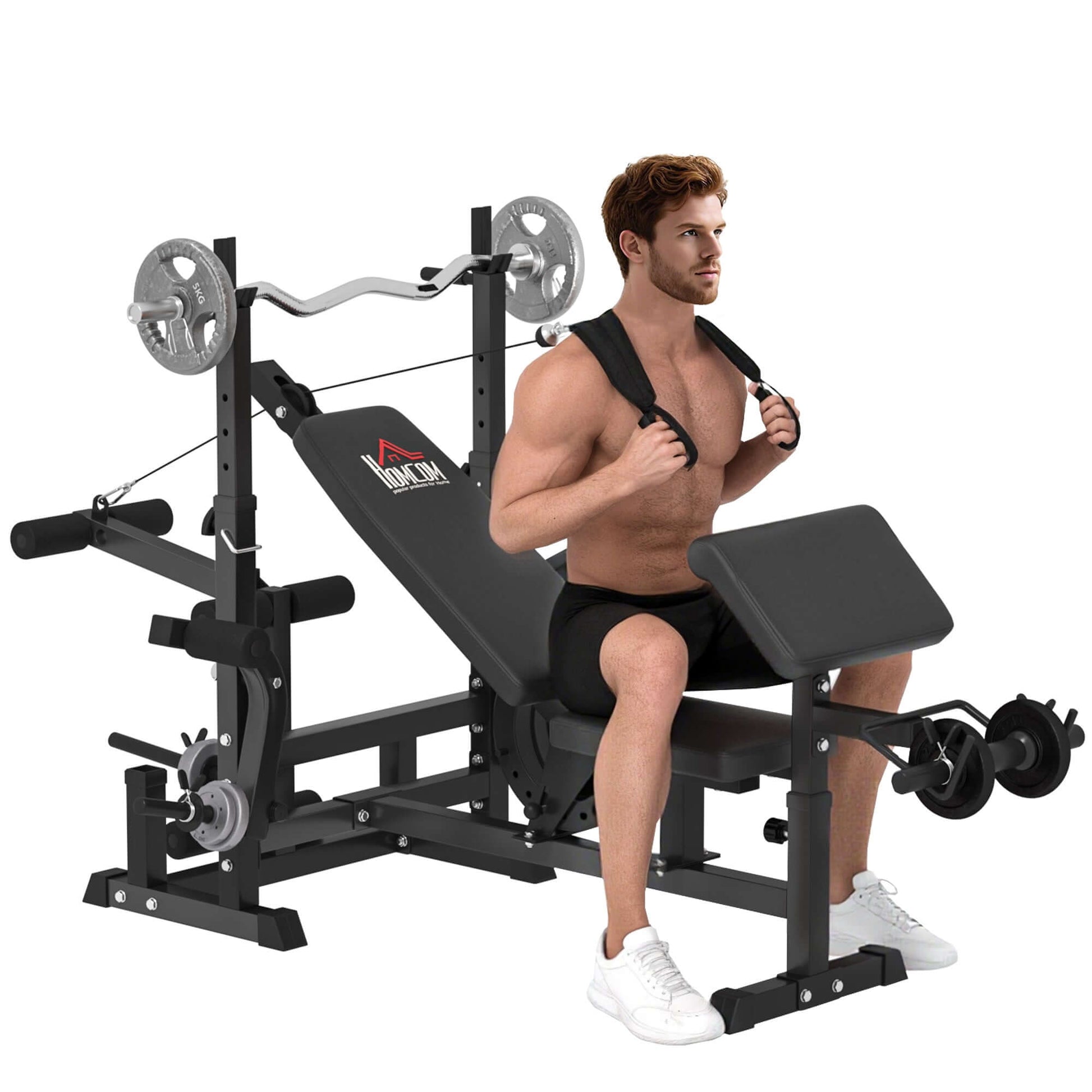 6 in 1 adjustable weight bench with leg extension, barbell rack, preacher curl pad and resistance band for home gym strength training