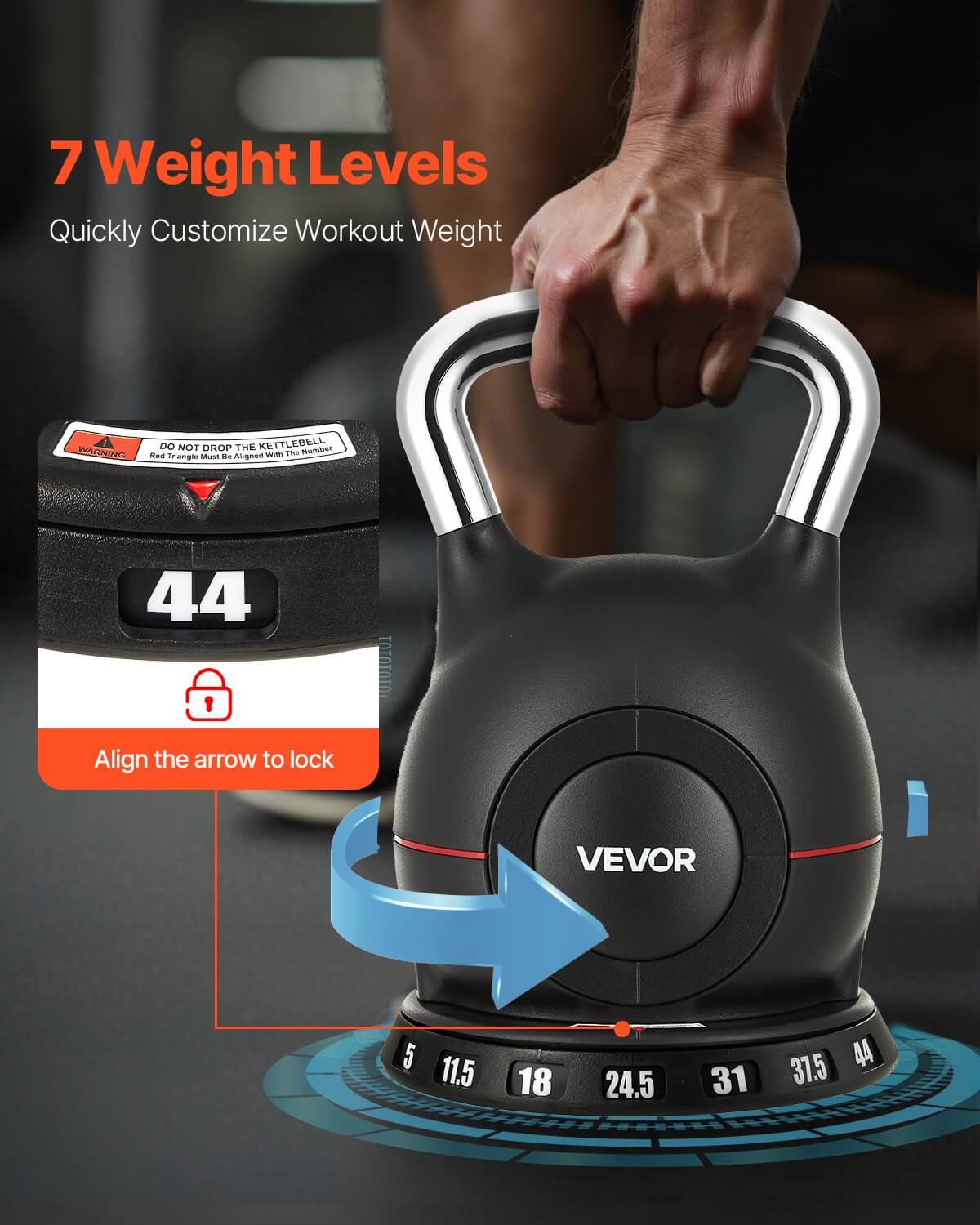 adjustable kettlebell with 7 weight levels up to 44 lbs for grip strength training, full-body workout and cross-training
