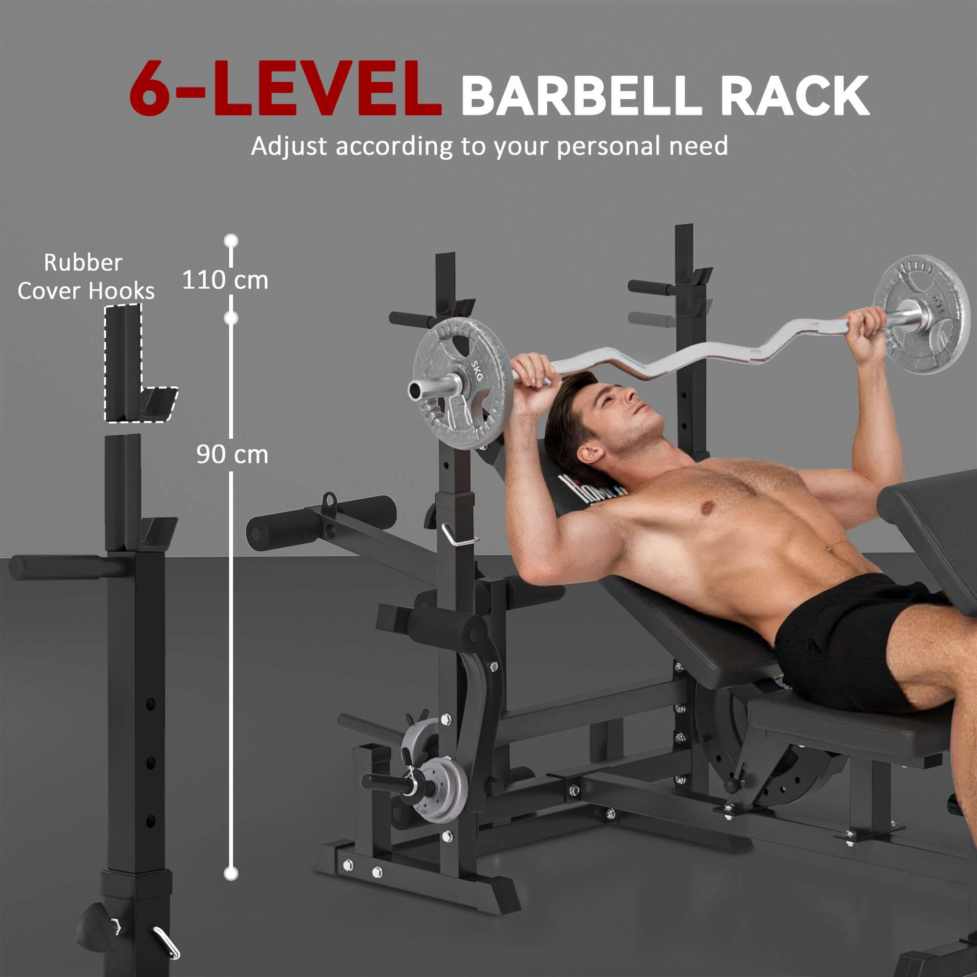 6 in 1 adjustable weight bench with leg extension, barbell rack, preacher curl pad and resistance band for home gym strength training