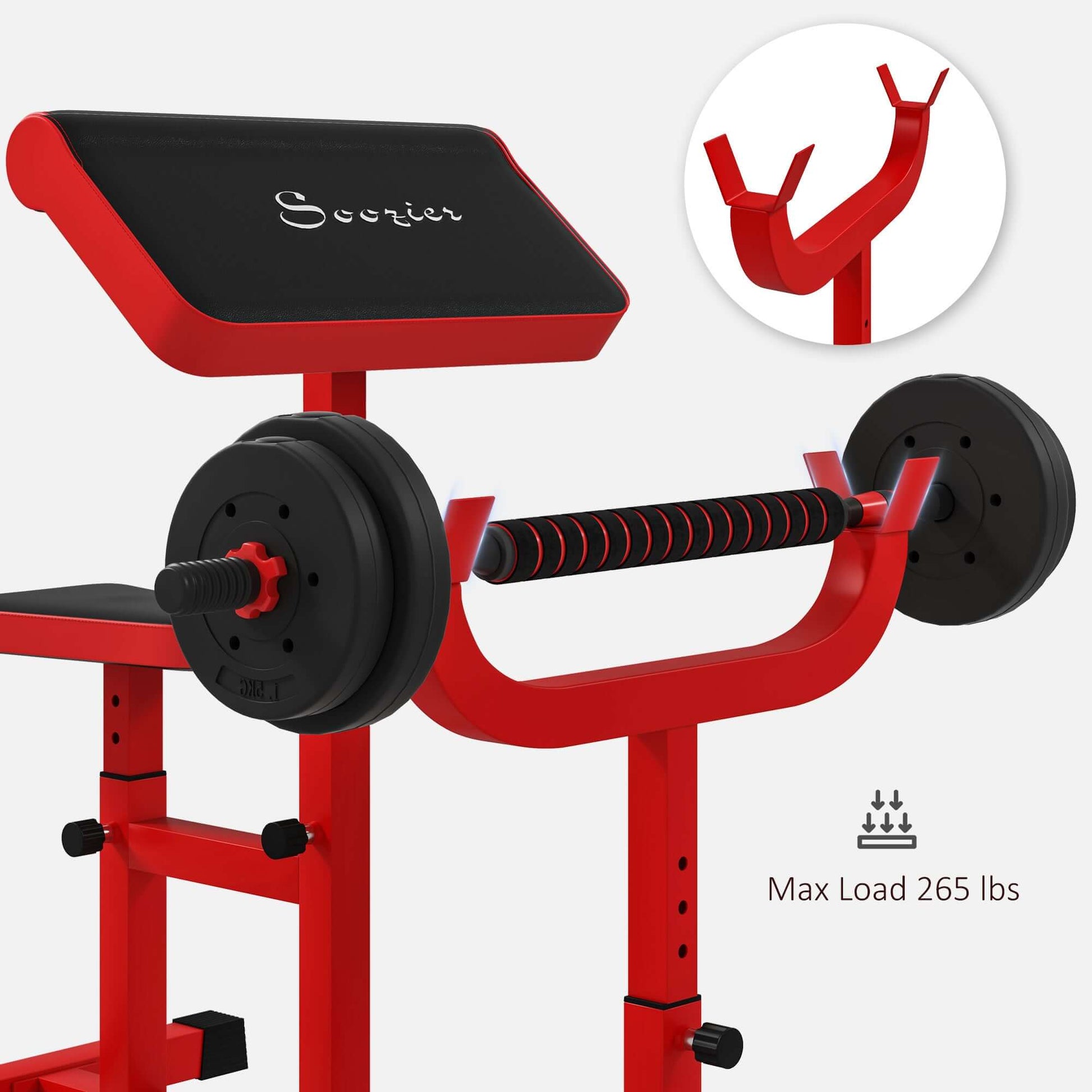 265 lbs adjustable preacher curl bench for bicep strength training with barbell and dumbbell arm isolation station in red