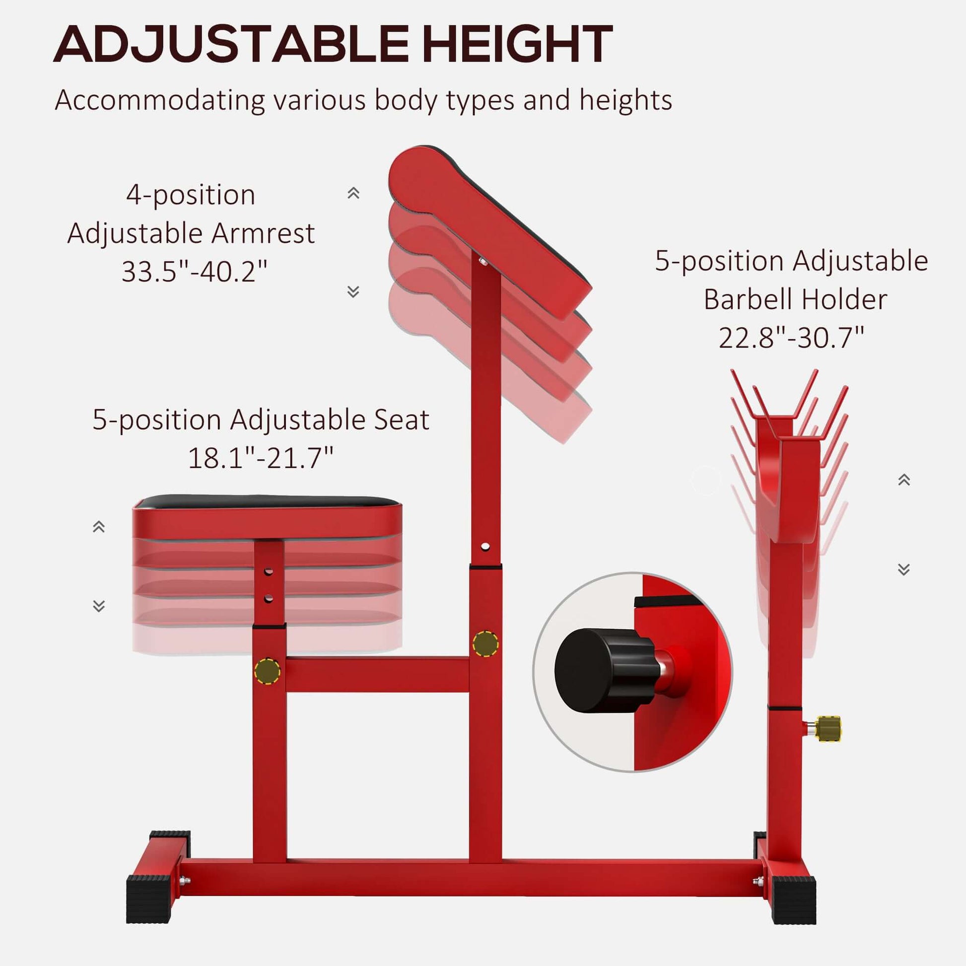 265 lbs adjustable preacher curl bench for bicep strength training with barbell and dumbbell arm isolation station in red